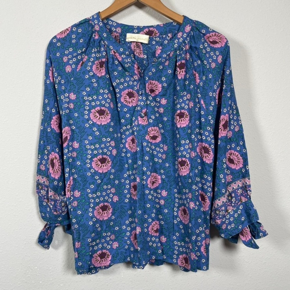 Natalie Martin‎ Blouse XS Blue Pink Floral Rayon Coastal Peasant Boho Tie Sleeve